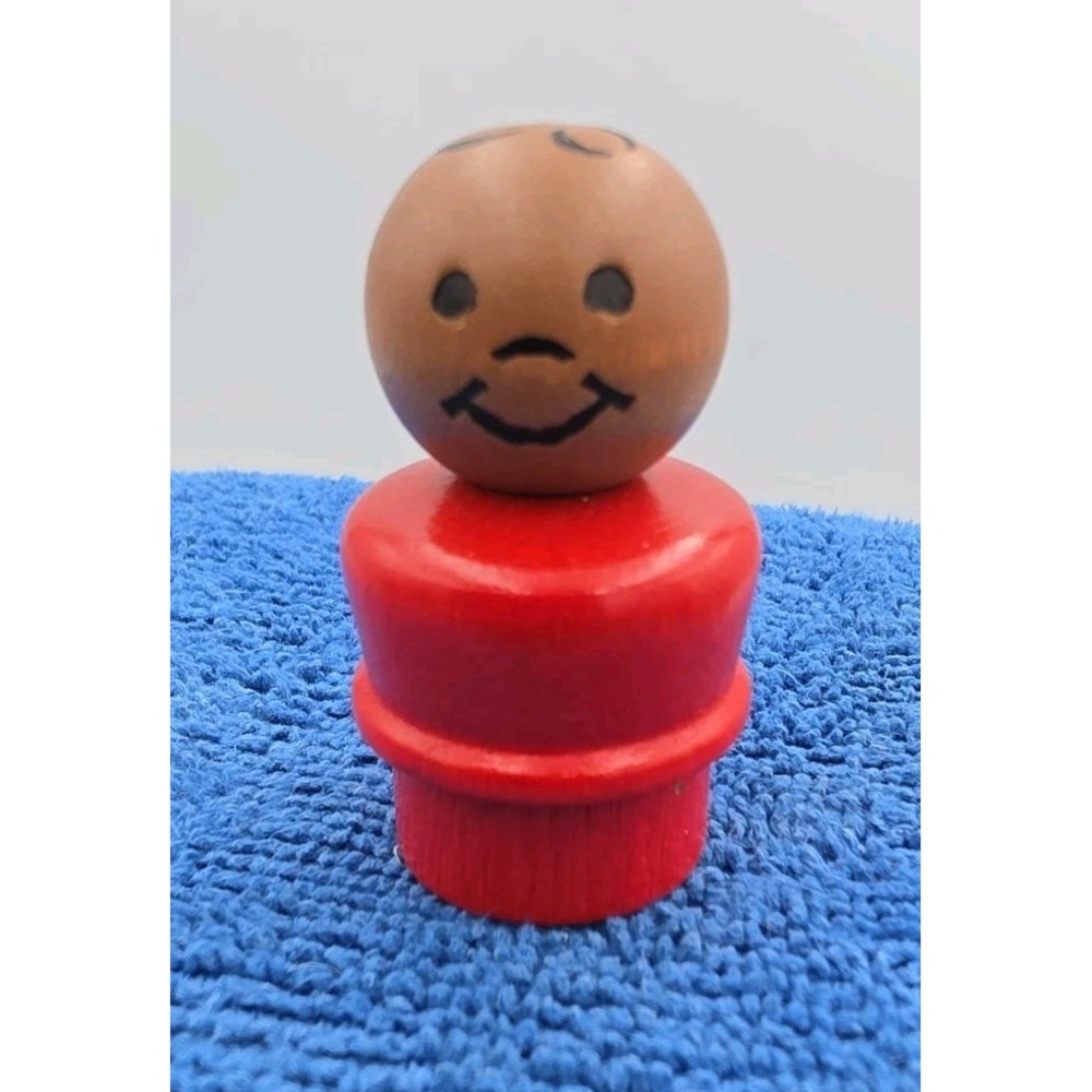 Vintage FISHER PRICE LITTLE PEOPLE Red Body African American Boy All Wood Mint